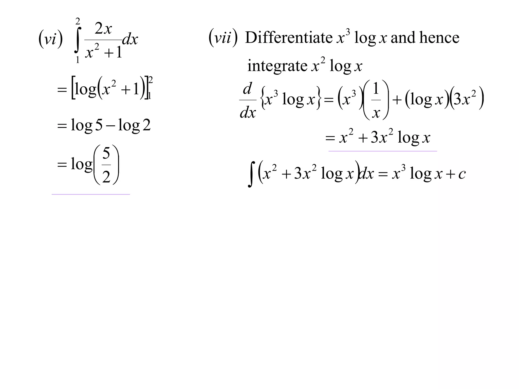 2
vi        2x
         x 2  1dx       vii  Differentiate x 3 log x and hence
        1
                               integrate x 2 log x
    logx  11
                      2

                                 x log x  x    log x 3x 2 
                                                 3 1
              2
                              d 3
                              dx                    x
    log 5  log 2
                                             x 2  3 x 2 log x
    log 
         5
                                 x        3 x 2 log x dx  x 3 log x  c
                                     2
        2
 