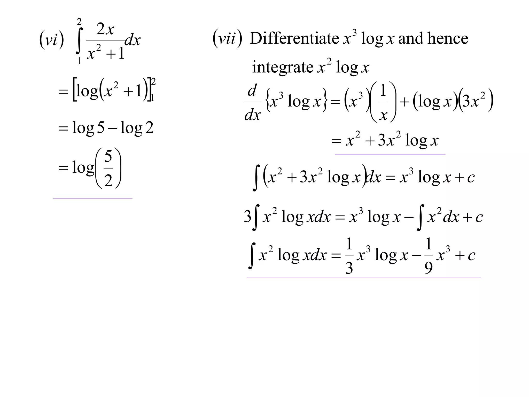 2
vi        2x
         x 2  1dx       vii  Differentiate x 3 log x and hence
        1
                               integrate x 2 log x
    logx  11
                      2

                                 x log x  x    log x 3x 2 
                                                 3 1
              2
                              d 3
                              dx                    x
    log 5  log 2
                                             x 2  3 x 2 log x
    log 
         5
                                 x        3 x 2 log x dx  x 3 log x  c
                                     2
        2
                              3 x 2 log xdx  x 3 log x   x 2 dx  c
                                             1 3         1 3
                                x log xdx  3 x log x  9 x  c
                                  2
 