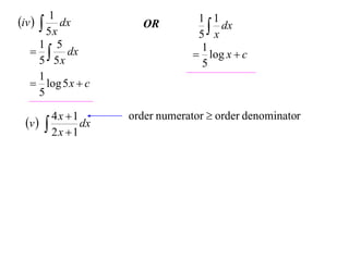 1
iv   dx           OR          1 1
                                    x dx
        5x                       5
      1 5
     dx                         1
                                 log x  c
      5 5x                        5
      1
    log 5 x  c
      5

        4x 1      order numerator  order denominator
 v         dx
        2x 1
 