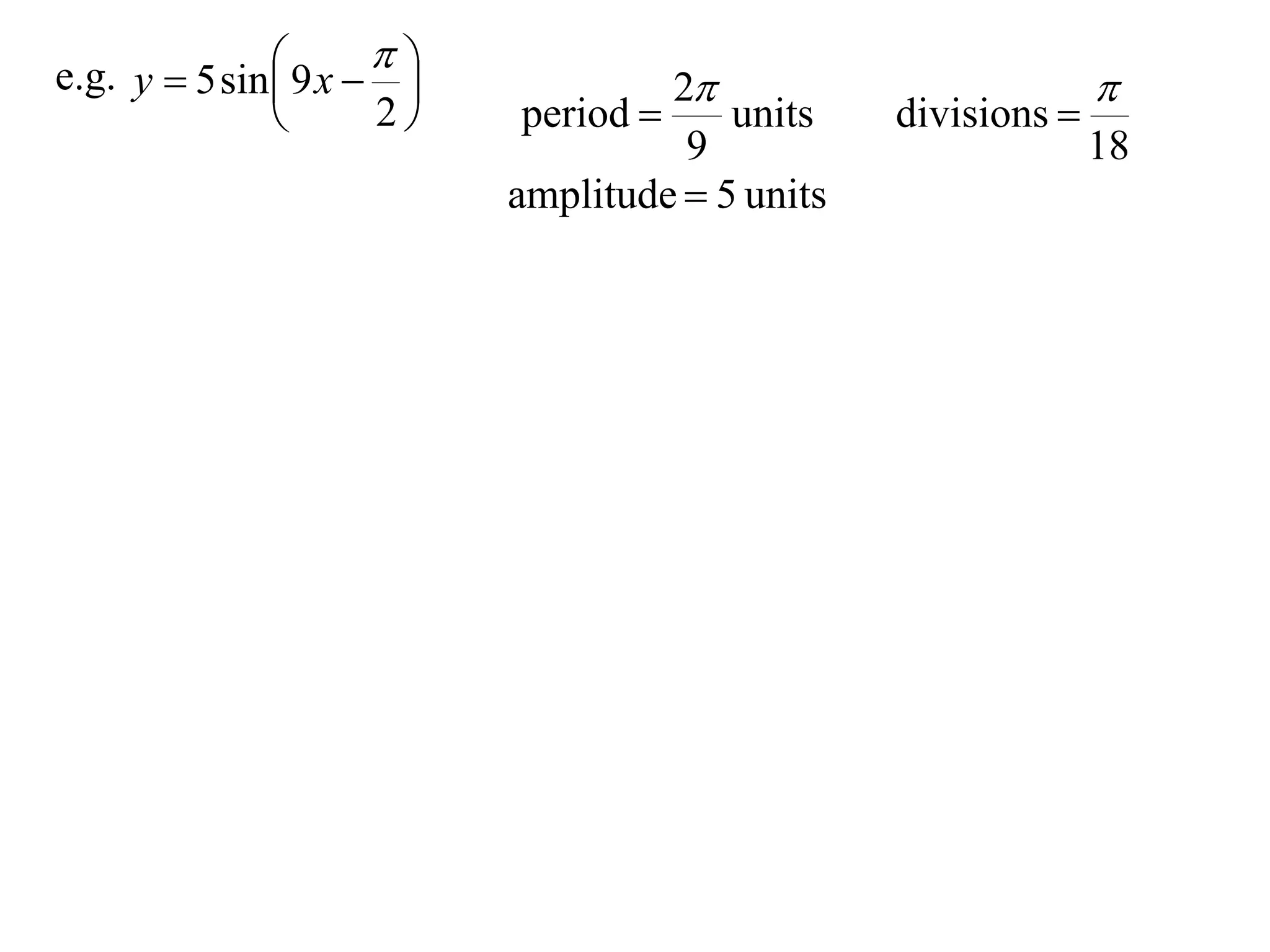 
e.g. y  5 sin  9 x  
                                   2                         
                     2    period      units    divisions 
                                      9                         18
                            amplitude  5 units
 