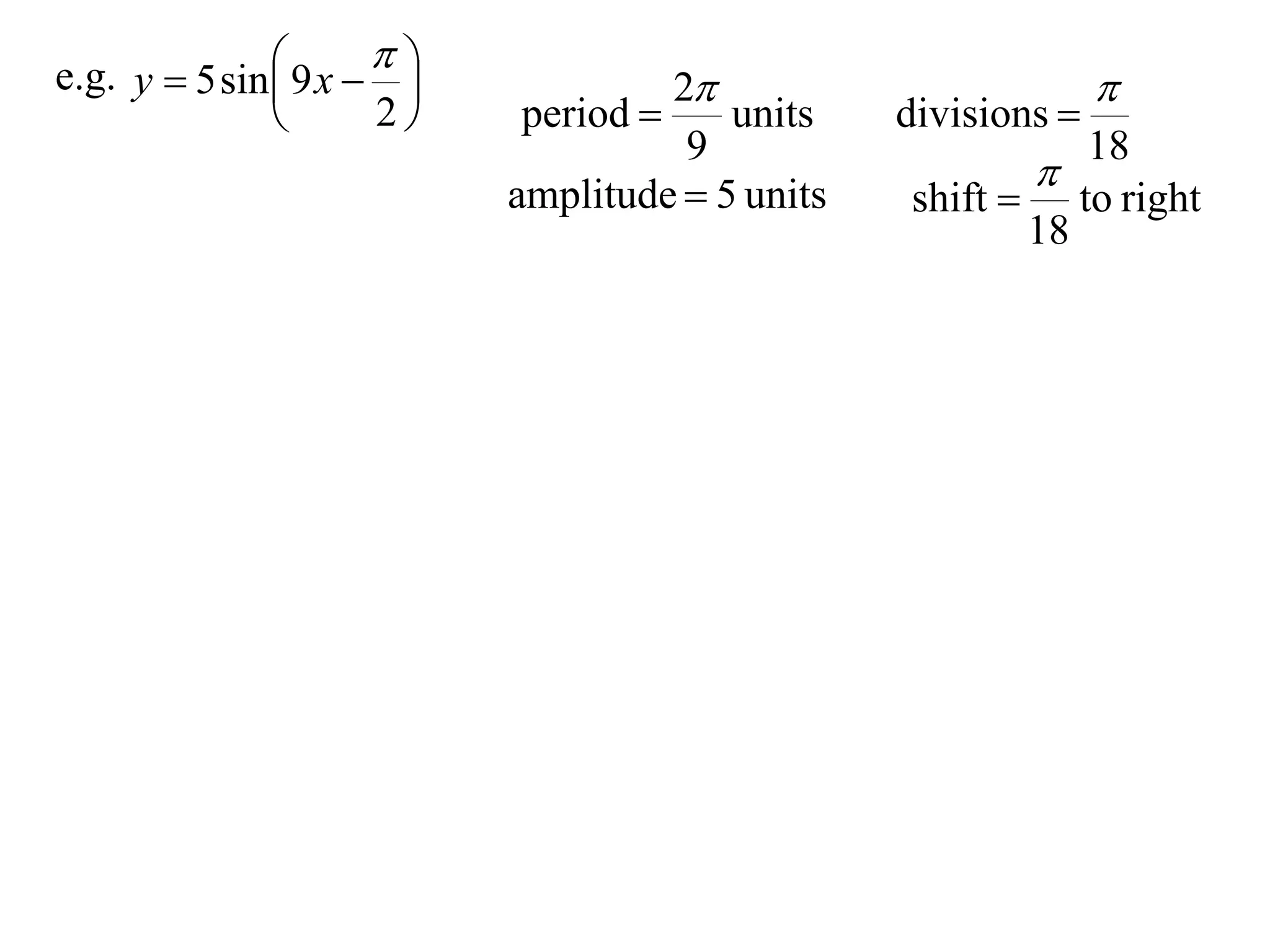
e.g. y  5 sin  9 x  
                                   2                         
                     2    period      units    divisions 
                                      9                     18
                                                         
                            amplitude  5 units   shift  to right
                                                         18
 