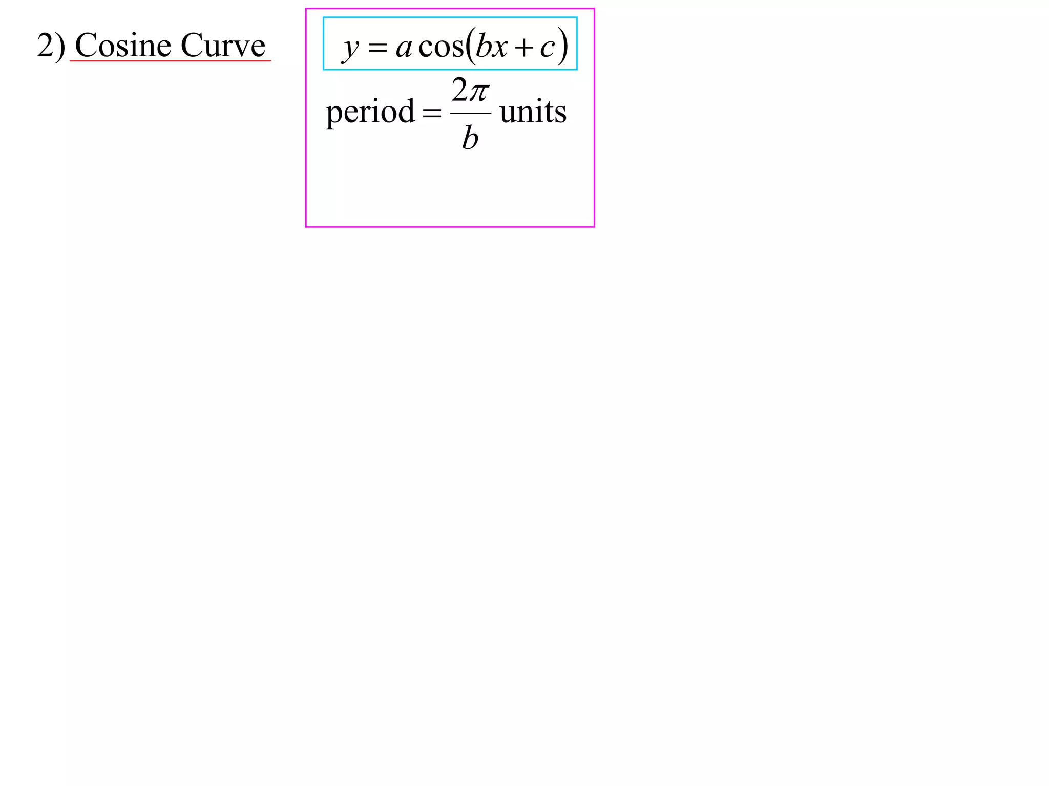2) Cosine Curve    y  a cosbx  c 
                           2
                  period     units
                            b
 