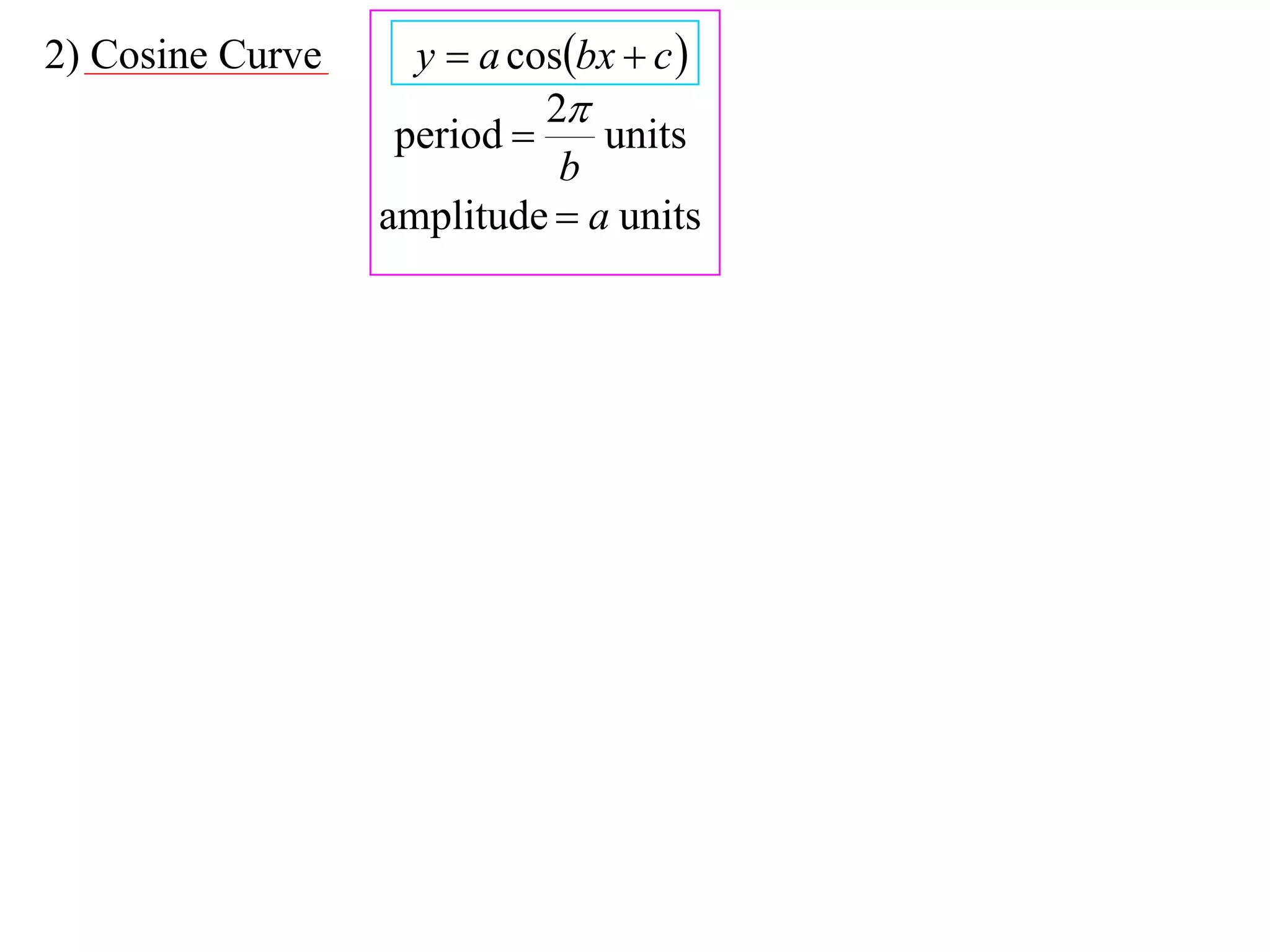 2) Cosine Curve     y  a cosbx  c 
                            2
                   period     units
                             b
                  amplitude  a units
 