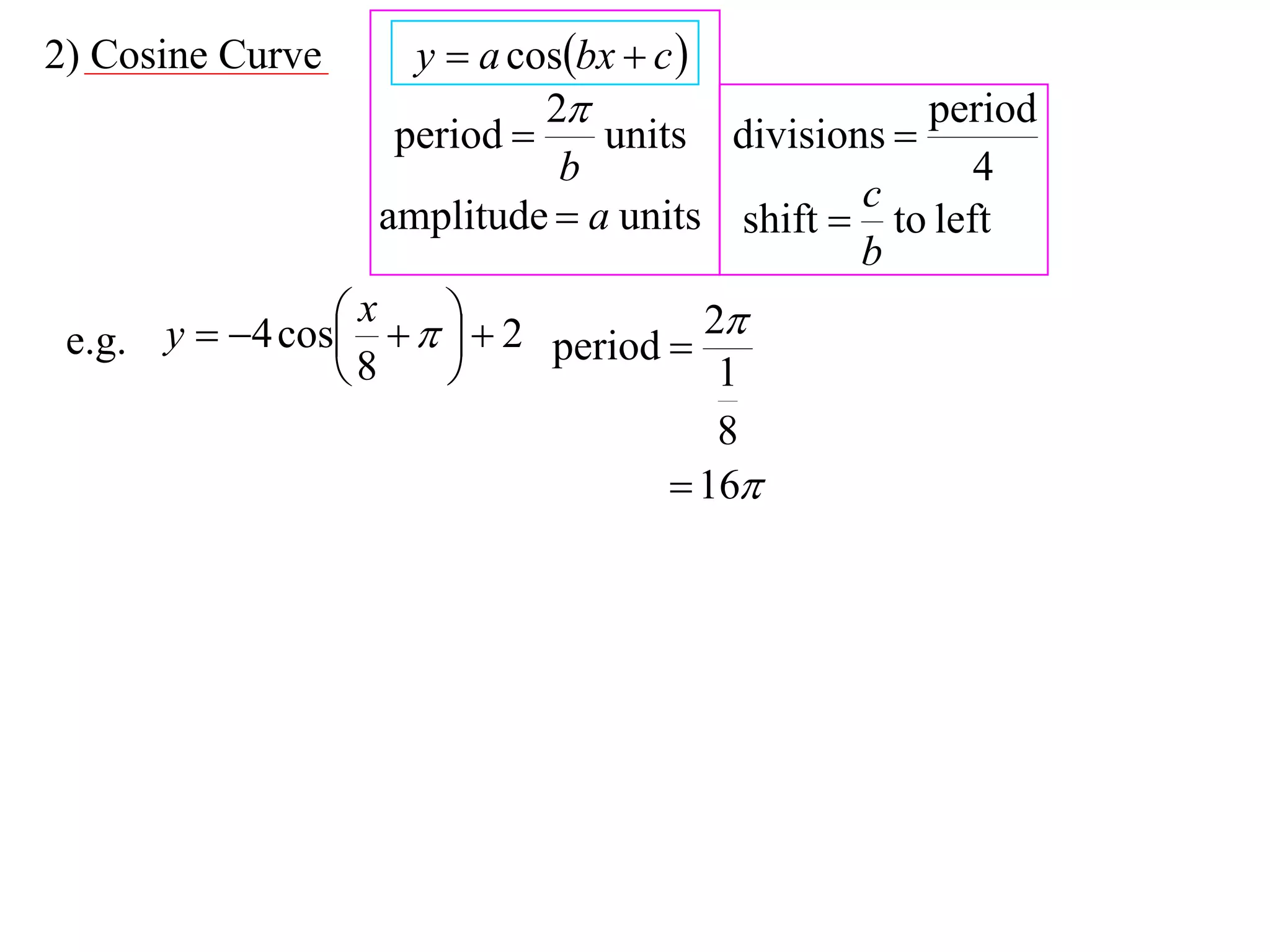 2) Cosine Curve      y  a cosbx  c 
                             2                   period
                    period     units divisions 
                              b                      4
                                              c
                   amplitude  a units shift  to left
                                              b
                 x    2            2
 e.g. y  4 cos           period 
                8                      1
                                         8
                                      16
 