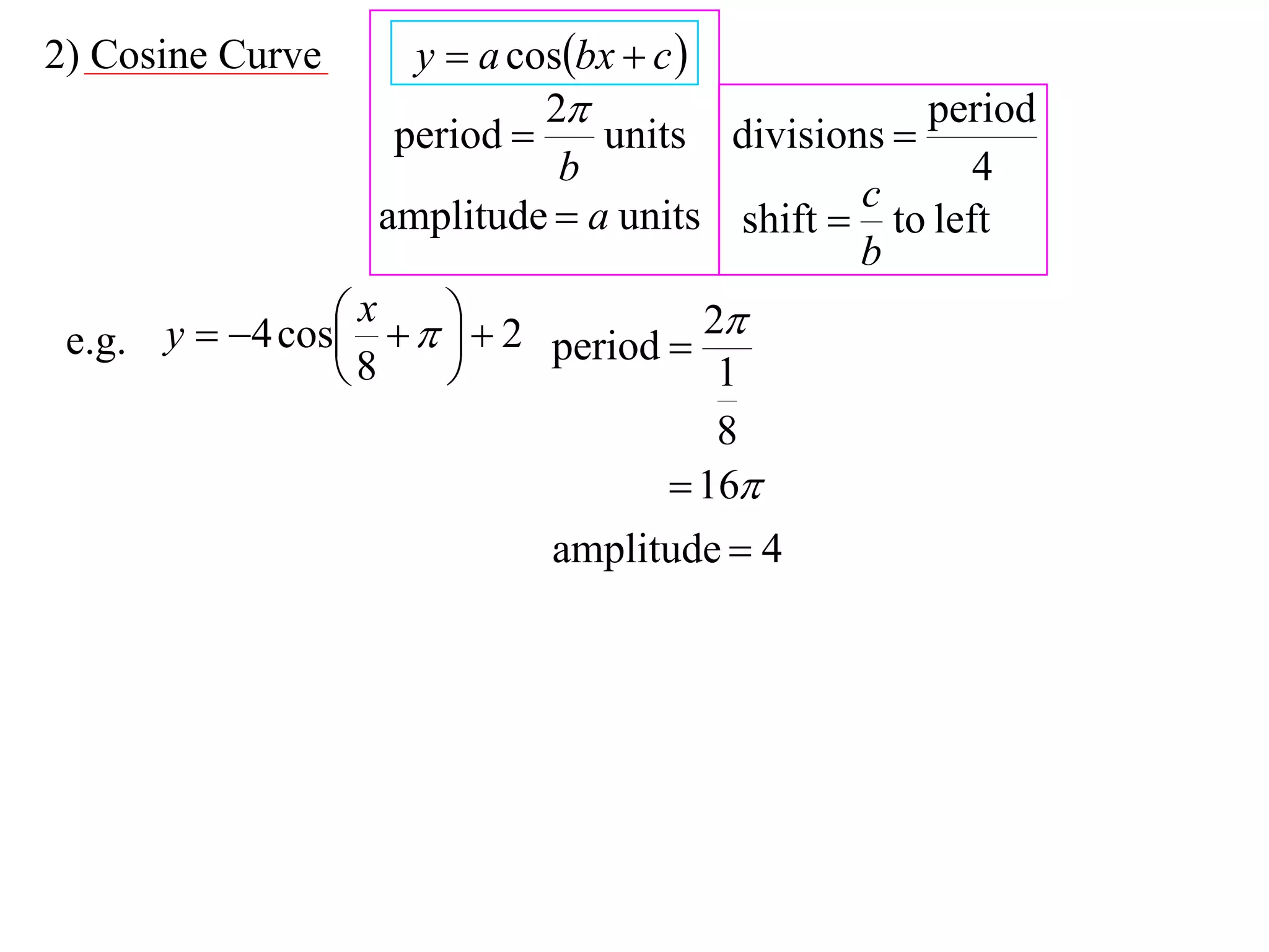 2) Cosine Curve      y  a cosbx  c 
                             2                   period
                    period     units divisions 
                              b                      4
                                              c
                   amplitude  a units shift  to left
                                              b
                 x    2            2
 e.g. y  4 cos           period 
                8                      1
                                         8
                                      16
                            amplitude  4
 