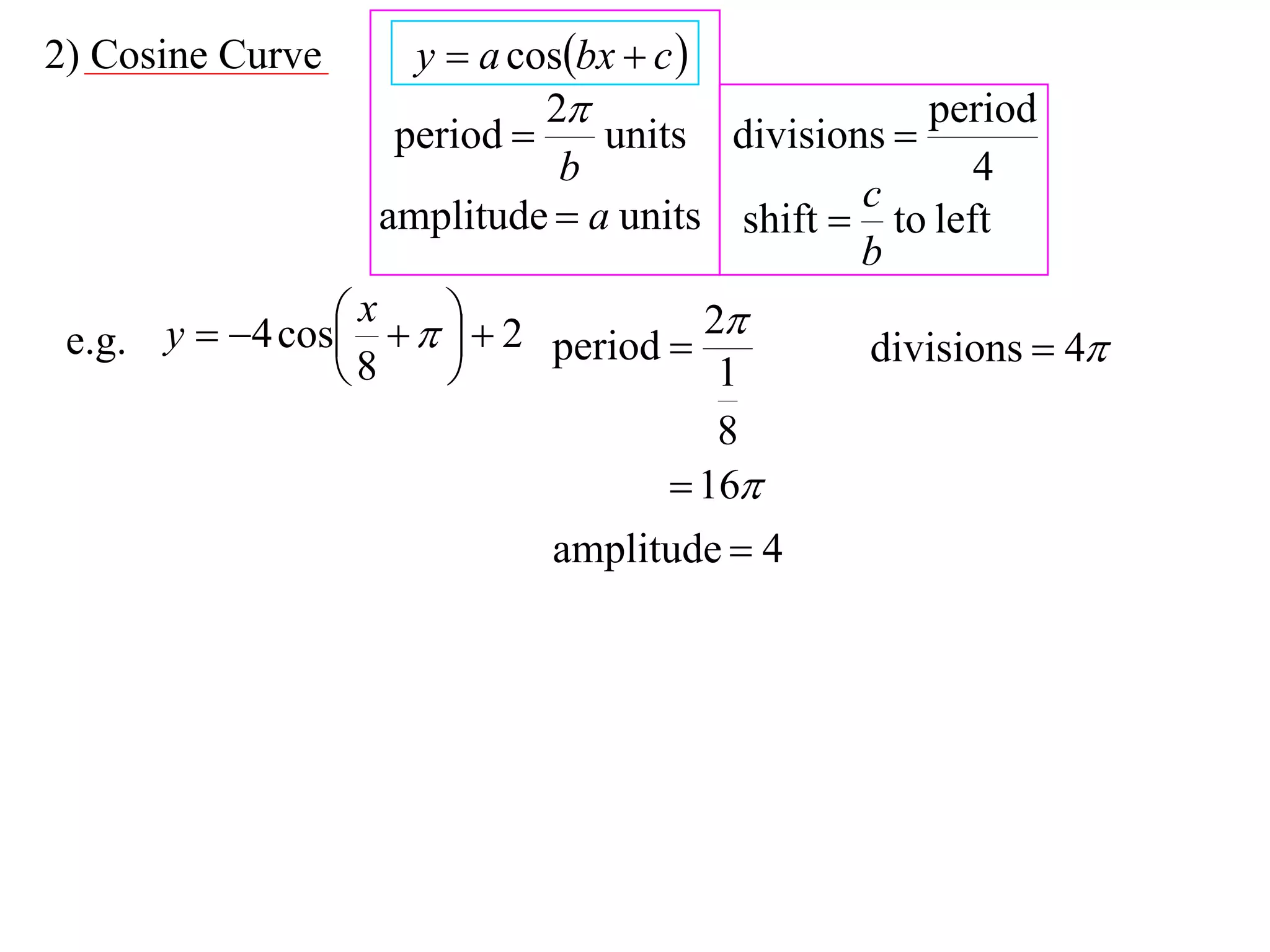 2) Cosine Curve      y  a cosbx  c 
                             2                   period
                    period     units divisions 
                              b                      4
                                              c
                   amplitude  a units shift  to left
                                              b
                 x    2            2
 e.g. y  4 cos           period          divisions  4
                8                      1
                                         8
                                      16
                            amplitude  4
 