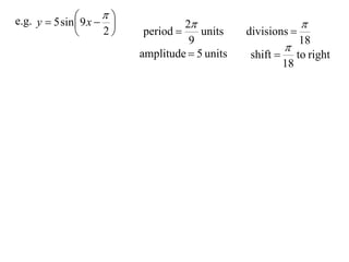 
e.g. y  5 sin  9 x  
                                   2                         
                     2    period      units    divisions 
                                      9                     18
                                                         
                            amplitude  5 units   shift  to right
                                                         18
 