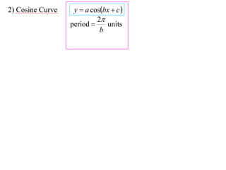 2) Cosine Curve    y  a cosbx  c 
                           2
                  period     units
                            b
 