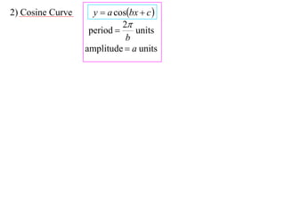 2) Cosine Curve     y  a cosbx  c 
                            2
                   period     units
                             b
                  amplitude  a units
 