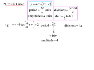 2) Cosine Curve      y  a cosbx  c 
                             2                   period
                    period     units divisions 
                              b                      4
                                              c
                   amplitude  a units shift  to left
                                              b
                 x    2            2
 e.g. y  4 cos           period          divisions  4
                8                      1
                                         8
                                      16
                            amplitude  4
 