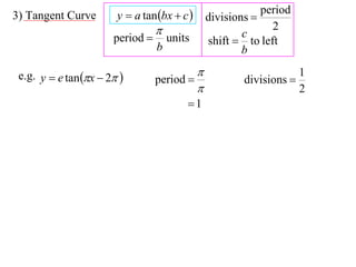 3) Tangent Curve        y  a tan bx  c        divisions 
                                                              period
                                                         c
                                                                2
                       period        units       shift  to left
                                  b                       b

 e.g. y  e tan x  2                                            1
                                  period                 divisions 
                                                                     2
                                          1
 