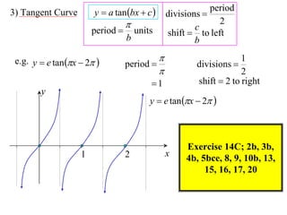 3) Tangent Curve        y  a tan bx  c         divisions 
                                                               period
                                                          c
                                                                 2
                        period        units       shift  to left
                                   b                       b

 e.g. y  e tan x  2                                              1
                                   period                 divisions 
                                                                       2
                                           1              shift  2 to right
        y
                                           y  e tan x  2 



                                                        Exercise 14C; 2b, 3b,
                    1              2               x    4b, 5bce, 8, 9, 10b, 13,
                                                             15, 16, 17, 20
 