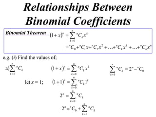 Relationships Between
              Binomial Coefficients
                                       n
 Binomial Theorem 1  x n 
                               n
                                  Ck x k
                                      k 0

                                     nC0  nC1 x  nC2 x 2   nCk x k   nCn x n
e.g. (i) Find the values of;
    n                                   n
 a) Ck
                                                              n
          n
                           1  x    Ck x
                                n             n          k
                                                                   n
                                                                        C k  2 n  n C0
   k 1                                k 0                  k 1
                                         n
              let x = 1;   1  1n   nCk 1k
                                       k 0
                                       n
                               2 n   nCk
                                      k 0
                                                   n
                               2 n  n C0   n C k
                                                  k 1
 