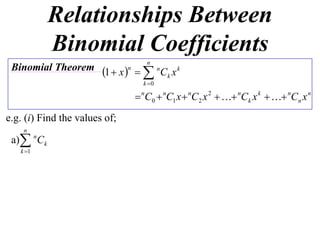 Relationships Between
           Binomial Coefficients
                                  n
 Binomial Theorem 1  x n 
                               n
                                  Ck x k
                                 k 0

                                nC0  nC1 x  nC2 x 2   nCk x k   nCn x n
e.g. (i) Find the values of;
    n
 a) nCk
   k 1
 