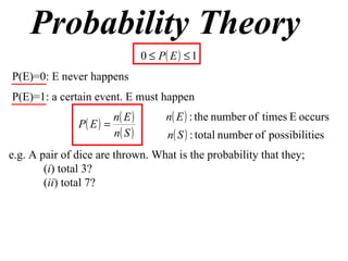 Probability Theory P(E)=0: E never happens P(E)=1: a certain event. E must happen e.g. A pair of dice are thrown. What is the probability that they; ( i ) total 3? ( ii ) total 7? 
