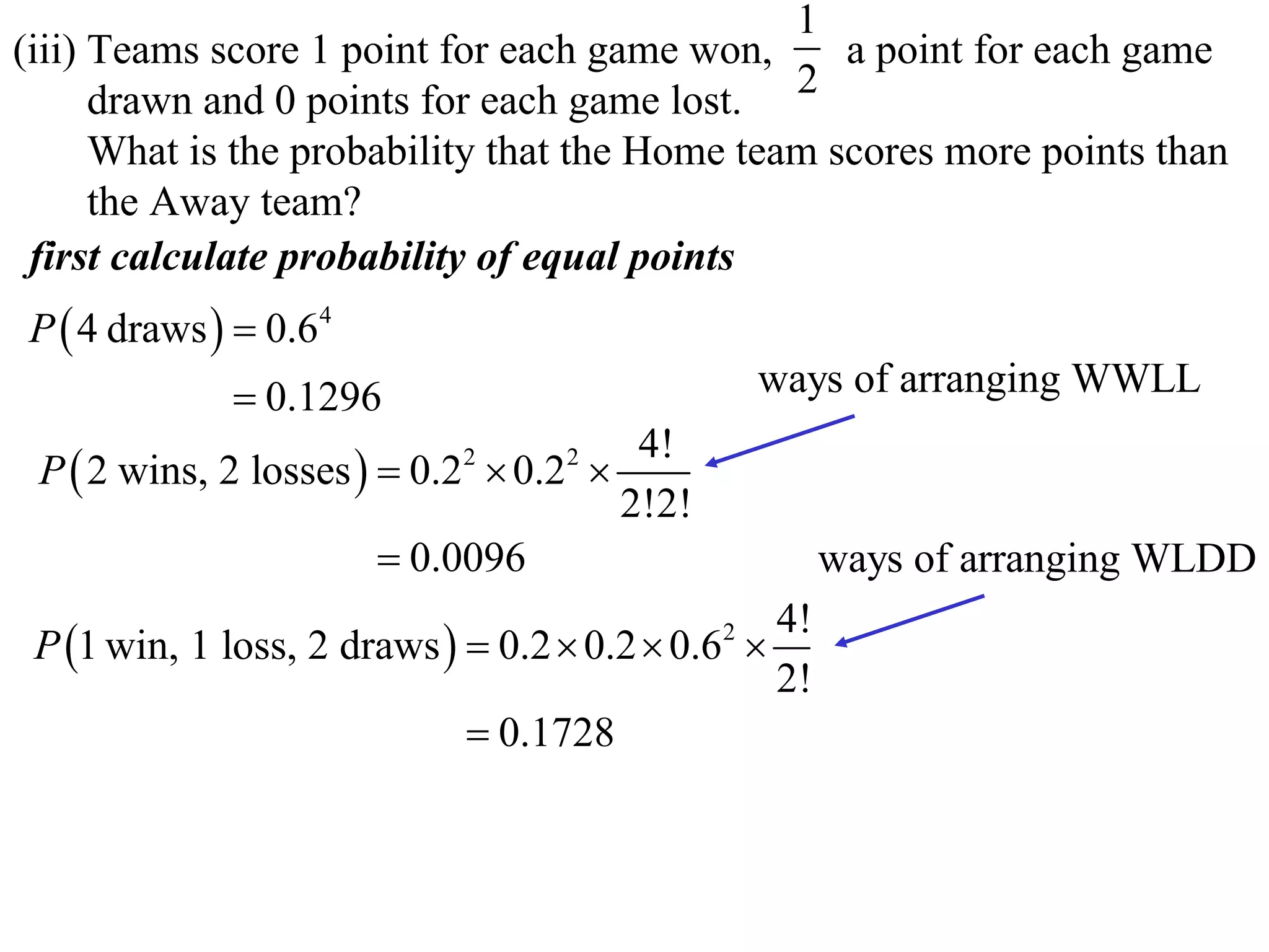 1
(iii) Teams score 1 point for each game won,      a point for each game
      drawn and 0 points for each game lost. 2
      What is the probability that the Home team scores more points than
      the Away team?
 first calculate probability of equal points
P  4 draws   0.64
              0.1296                            ways of arranging WWLL
                                       4!
 P  2 wins, 2 losses   0.2  0.2 
                            2      2

                                      2!2!
                         0.0096                      ways of arranging WLDD
                                                 4!
 P 1 win, 1 loss, 2 draws   0.2  0.2  0.6 
                                             2

                                                 2!
                              0.1728
 