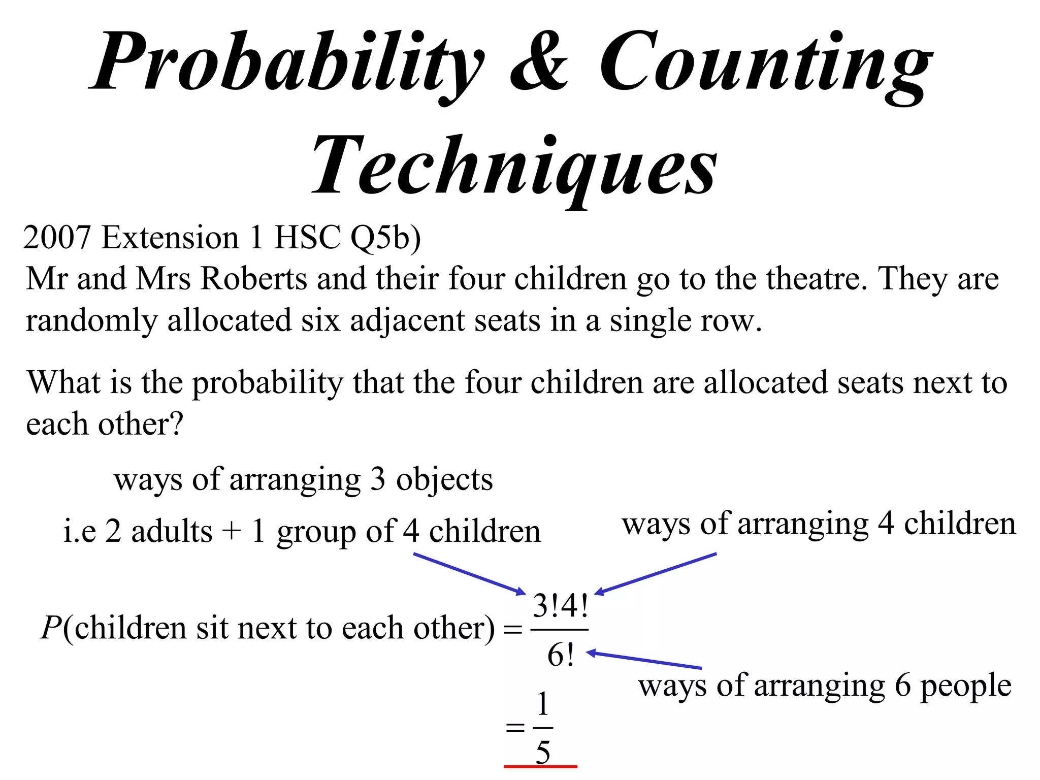 Probability & Counting
         Techniques
2007 Extension 1 HSC Q5b)
Mr and Mrs Roberts and their four children go to the theatre. They are
randomly allocated six adjacent seats in a single row.
What is the probability that the four children are allocated seats next to
each other?
      ways of arranging 3 objects
  i.e 2 adults + 1 group of 4 children       ways of arranging 4 children

                                      3!4!
 P(children sit next to each other) 
                                       6!
                                              ways of arranging 6 people
                                      1
                                    
                                      5
 
