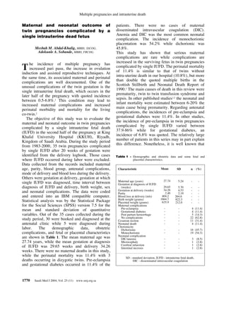 Multiple pregnancies and intrauterine death

Maternal and neonatal outcome of                                 patients. There were no cases of maternal
twin pregnancies complicated by a                                disseminated intravascular coagulation (DIC).
single intrauterine dead fetus                                   Anemia and DIC was the most common neonatal
                                                                 complication. The incidence of monochorionic
                                                                 placentation was 54.2% while dichorionic was
       Mesbah M. Abdal-Khalig, MBBS, SSCOG,                      45.8%.
        Adekunle A. Sobande, MBBS, FRCOG.                        This study has shown that serious maternal
                                                                 complications are rare while complications are
                                                                 increased in the surviving fetus in twin pregnancies
     he incidence of multiple pregnancy has
T    increased pari pasu, the increase in ovulation
induction and assisted reproductive techniques. At
                                                                 complicated by single IUFD. The perinatal mortality
                                                                 of 11.4% is similar to that of twins without
                                                                 intra-uterine death in our hospital (10.8%), but more
the same time, its associated maternal and perinatal
                                                                 than double the quoted multiple births in the
complications are well documented. One of the
                                                                 Scottish Stillbirth and Neonatal Death Report of
unusual complications of the twin gestation is the
                                                                 1990.3 The main causes of death in this review were
single intrauterine fetal death, which occurs in the
later half of the pregnancy with quoted incidence                prematurity, twin to twin transfusion syndrome and
between 0.5-6.8%.1 This condition may lead to                    sepsis. In other published studies1,2 the neonatal and
                                                                 infant mortality were estimated between 6-20% the
increased maternal complications and increased
                                                                 main cause being prematurity. Regarding antenatal
perinatal morbidity and mortality for the living
                                                                 complications, the incidences of pre-eclampsia and
co-twin.2
                                                                 gestational diabetes were 11.4%. In other studies,
   The objective of this study was to evaluate the
                                                                 the incidence of pre-eclampsia in twin pregnancies
maternal and neonatal outcome in twin pregnancies
                                                                 complicated by single IUFD varied between
complicated by a single intrauterine fetal death
                                                                 37.9-86% while for gestational diabetes, an
(IUFD) in the second half of the pregnancy at King
                                                                 incidence of 6.8% was quoted. The relatively large
Khalid University Hospital (KKUH), Riyadh,
                                                                 number of patients in this series may in part explain
Kingdom of Saudi Arabia. During the study period
                                                                 this difference. Nonetheless, it is well known that
from 1983-2000, 35 twin pregnancies complicated
by single IUFD after 20 weeks of gestation were
identified from the delivery logbook. Those cases                Table 1 - Demographic and obstetric data and some fetal and
where IUFD occurred during labor were excluded.                            placental characteristics.
Data collected from the records included maternal
age, parity, blood group, antenatal complications,                 Characteristic                     Mean         SD          n     (%)
mode of delivery and blood loss during the delivery.
Others were gestation at delivery, gestation at which
                                                                   Maternal age (years)                 27.74       5.24       -       -
single IUFD was diagnosed, time interval between                   Gestation at diagnosis of IUFD
diagnosis of IUFD and delivery, birth weight, sex                    (weeks)                           29.65        5.70       -       -
                                                                   Gestation at delivery (weeks)       34.26        4.53       -       -
and neonatal complications. The data were coded                    Parity                               2.46        2.19       -       -
and entered into an IBM compatible computer.                       Blood loss at delivery (mls)       404.2       264.6        -       -
                                                                   Birth weight (grams)              1864.7       822.3        -       -
Statistical analysis was by the Statistical Package                Placental weight (grams)           635.9       212.0        -       -
for the Social Sciences (SPSS) version 7.5 for the                 Maternal complications
                                                                     Pre-eclampsia                       -          -          4     (11.4)
mean and standard deviation of quantitative                          Gestational diabetes                -          -          4     (11.4)
variables. Out of the 35 cases collected during the                  Post partum hemorrhage              -          -          5     (14.3)
                                                                     No complications                    -          -         22     (62.8)
study period, 30 were booked and diagnosed at the                  Cesarean section                      -          -         11     (31.4)
antenatal clinic while 5 were diagnosed during                     Neonatal death                        -          -          4     (11.4)
                                                                   Chorionicity
labor.     The     demographic      data,    obstetric               Dichorionic                         -          -         16 (45.7)
complications, and fetal or placental characteristics                Monochorionic                       -          -         19 (54.3)
                                                                   Neonatal complication
are shown in Table 1. The mean maternal age was                      DIC/anemia                          -          -           3     (8.5)
27.74 years, while the mean gestation at diagnosis                   Microcephaly                        -          -           1     (2.8)
                                                                     Cerebral infarction                 -          -           1     (2.8)
of IUFD was 29.65 weeks and delivery 34.26                           Intestinal necrosis                 -          -           1     (2.8)
weeks. There were no maternal deaths in this study,
while the perinatal mortality was 11.4% with 3
                                                                         SD - standard deviation, IUFD - intrauterine fetal death,
deaths occurring in dizygotic twins. Pre-eclampsia                            DIC - disseminated intravascular coagulation
and gestational diabetes occurred in 11.4% of the


1770   Saudi Med J 2004; Vol. 25 (11)   www.smj.org.sa
 