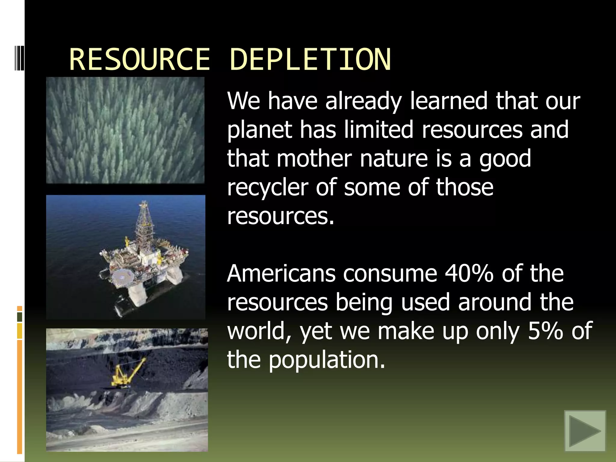 That is like having 20 pieces of pizza to split between 20 people.  Then one person takes 8 pieces and the rest have to split the remaining 12 pieces.If everyone in the world consumed as much resources as Americans do, we would need five earths to support us.