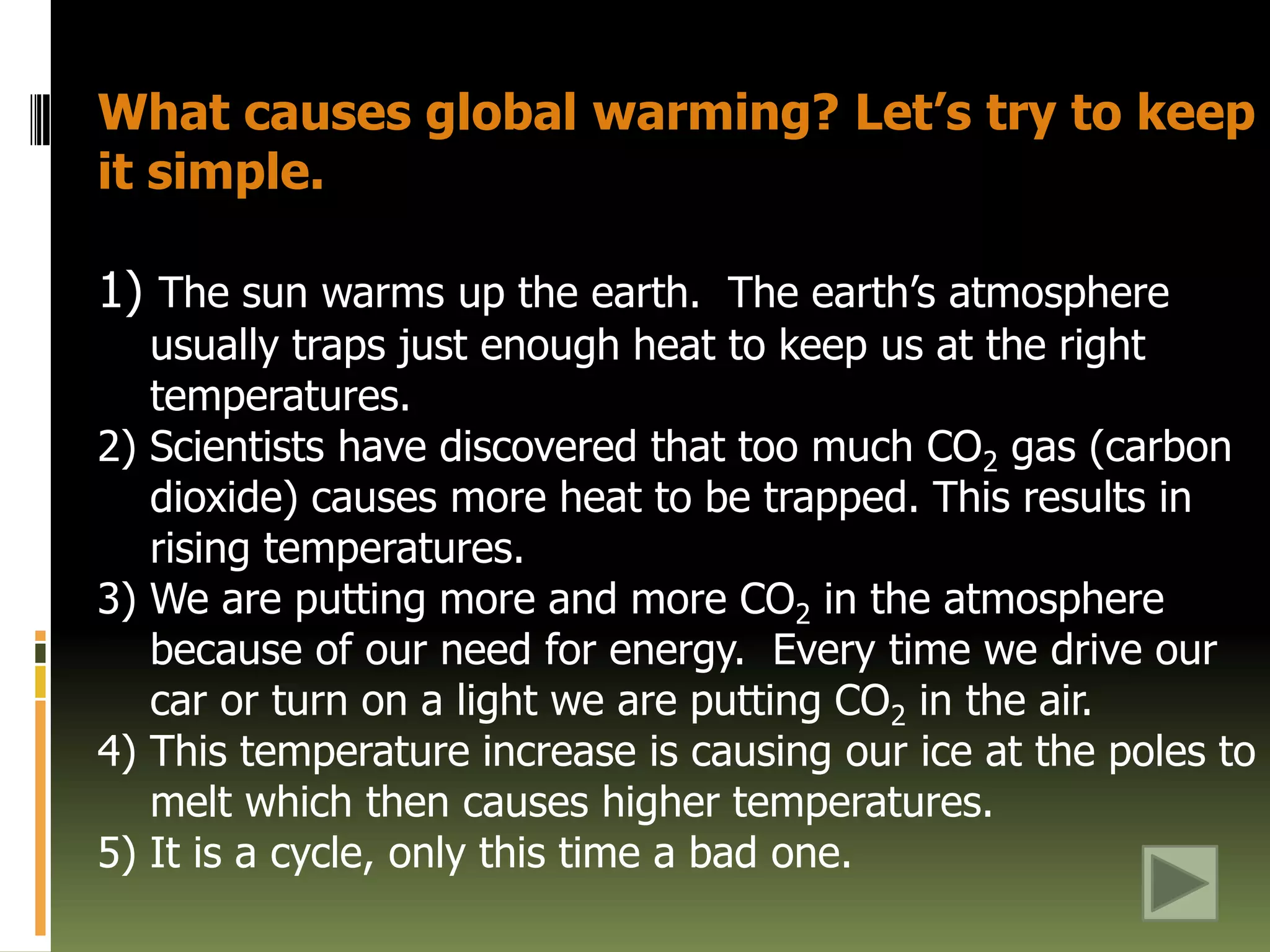 That was a lot of information.  To make it easier and more fun to learn, click on the link below and go listen to earthman sing his song about global warming.  It is a great tune, and you can pause as you listen to write down information.Click on the link below to learn more about global warming.The Earthman Project - Climate Crisis Jam