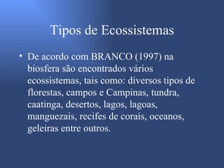 Tipos de Ecossistemas De acordo com BRANCO (1997) na biosfera são encontrados vários ecossistemas, tais como: diversos tipos de florestas, campos e Campinas, tundra, caatinga, desertos, lagos, lagoas, manguezais, recifes de corais, oceanos, geleiras entre outros.   