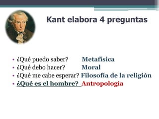 “Entre todas las ciencias humanas la del hombre es la más digna de él (...) La mayoría de los hombres la descuidan por completo... muy pocos hay que se dediquen a ella y menos quienes las cultiven con éxito”Malebranche.Kant elabora 4 preguntas¿Qué puedo saber? Metafísica