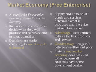 Market Economy (Free Enterprise)Supply and demand of goods and services determine what is produced and the price that will be charged.Advantage—competition to have the best products and servicesDisadvantage—huge rift between wealthy and poorNote: a true market economy does not exist today because all countries have some government controlAlso called a Free Market Economy or Free Enterprise EconomyBusinesses and consumers decide what they will produce and purchase and in what quantities Decisions are made according to law of supply & demand
