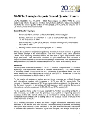 20-20 Technologies Reports Second Quarter Results
LAVAL, QUEBEC, June 14, 2010 -- 20-20 Technologies Inc. (TSX: TWT), the world
leader in 3D interior design and furniture manufacturing software, today announced its
results for the second quarter and six months ended April 30, 2010. All amounts are in
US dollars unless otherwise indicated.

Second Quarter Highlights

      Revenues of $17.2 million, up 13.2% from $15.2 million last year
      EBITDA increased to $2.7 million or 15.9% of revenues from $2.3 million or
       15.3% of revenues in 2009
      Net Income of $273,000 ($928,000 on a constant currency basis) compared to
       $621,000 in 2009
      Healthy balance sheet with working capital of $13 million

“During the quarter we experienced gathering momentum in our business in general,
with notable strength in the Home sector,” said Jean-François Grou, Chief Executive
Officer. “In an improving economic context, we were able to sign a large contract with a
major retail chain. The transaction confirmed our prior assessment that a number of
large customers are ready to resume making strategic investments. This agreement with
a key reference customer also serves to emphasize our status as an industry leader.”

Revenues
Second quarter revenues increased 13.2% to $17.2 million, compared with $15.2 million
a year ago. The improvement was due to constant dollar growth (11.0%) mainly related
to improving market conditions in the U.S., particularly in the Home sector, and to a
lesser extent from favorable currency exchange rates (2.2%). Revenues for the six-
month period increased to $33.8 million or 9.7%.

For the quarter, all geographic sectors reported higher revenues, led by North America
and International markets with increases of 18.7% and 42.7%, respectively. The
increase in European revenues of 3.7% was more modest considering the slow pace of
the European recovery. In percentage of total revenues, North America, Europe and
International markets represented 59.5%, 37.4% and 3.1%, respectively.

For the quarter, Home sector revenues reached $10.7 million accounting for 62.2% of
total revenues, up 33.4% over the previous year, fuelled by improving economic
conditions in the U.S. market, which was a key factor in helping secure the above-
mentioned major contract with a leading retailer. As a result, license revenues in this
sector increased by 79.2%.

20-20 recently participated at KBIS, the world’s largest international trade show event
dedicated to the kitchen and bath industry. The mood among customers and industry
participants was markedly upbeat compared to last year. For the Company, the number
of licenses sold, quotes and leads was higher than last year, and a large percentage of

                                                                                      1
 