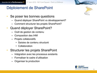 Déploiement de SharePointSe poser les bonnes questionsQuand déployer SharePoint vs développement?Comment structurer les projets SharePoint?Quand déployer SharePoint?Outil de gestion de contenuComposition des IHMProjets collaboratifsSaisies de contenu structuréCollaborationStructurer les projets SharePointIntégration avec les processus existantsFormaliser le cadre d’utilisationOrganiser la production15