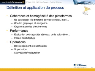Définition et application de processCohérence et homogénéité des plateformesNe pas laisser les différents services choisir, mais…Chartre graphique et navigationOrganisation des sites/servicesPerformanceÉvaluation des capacités réseaux, de la volumétrie…Impact l’architectureOpérationsDéveloppement et qualificationSupervisionSauvegarde/restauration19