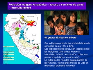 -  64 grupos Étnicos en el Perú Ser indígena aumenta las probabilidades de ser pobre de un 13% a 30%.  Los indicadores de salud, son  peores entre los indígenas (Mortalidad Materna, Mortalidad infantil, desnutrición; cobertura partos hospitalarios, vacunas etc). La mitad de las muertes ocurren antes de los 42 años, veinte años menos de vida en relación al promedio nacional. Población Indígena Amazónica – acceso a servicios de salud – interculturalidad  