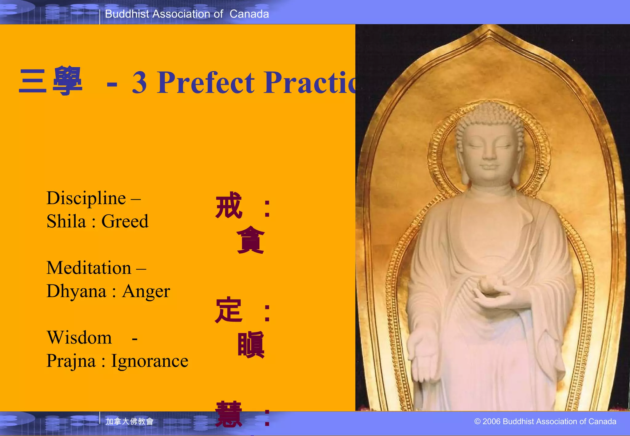 三學  -  3 Prefect Practice Discipline –  Shila : Greed Meditation – Dhyana : Anger Wisdom  -  Prajna : Ignorance 戒  :  貪 定  :  瞋 慧  :  痴 