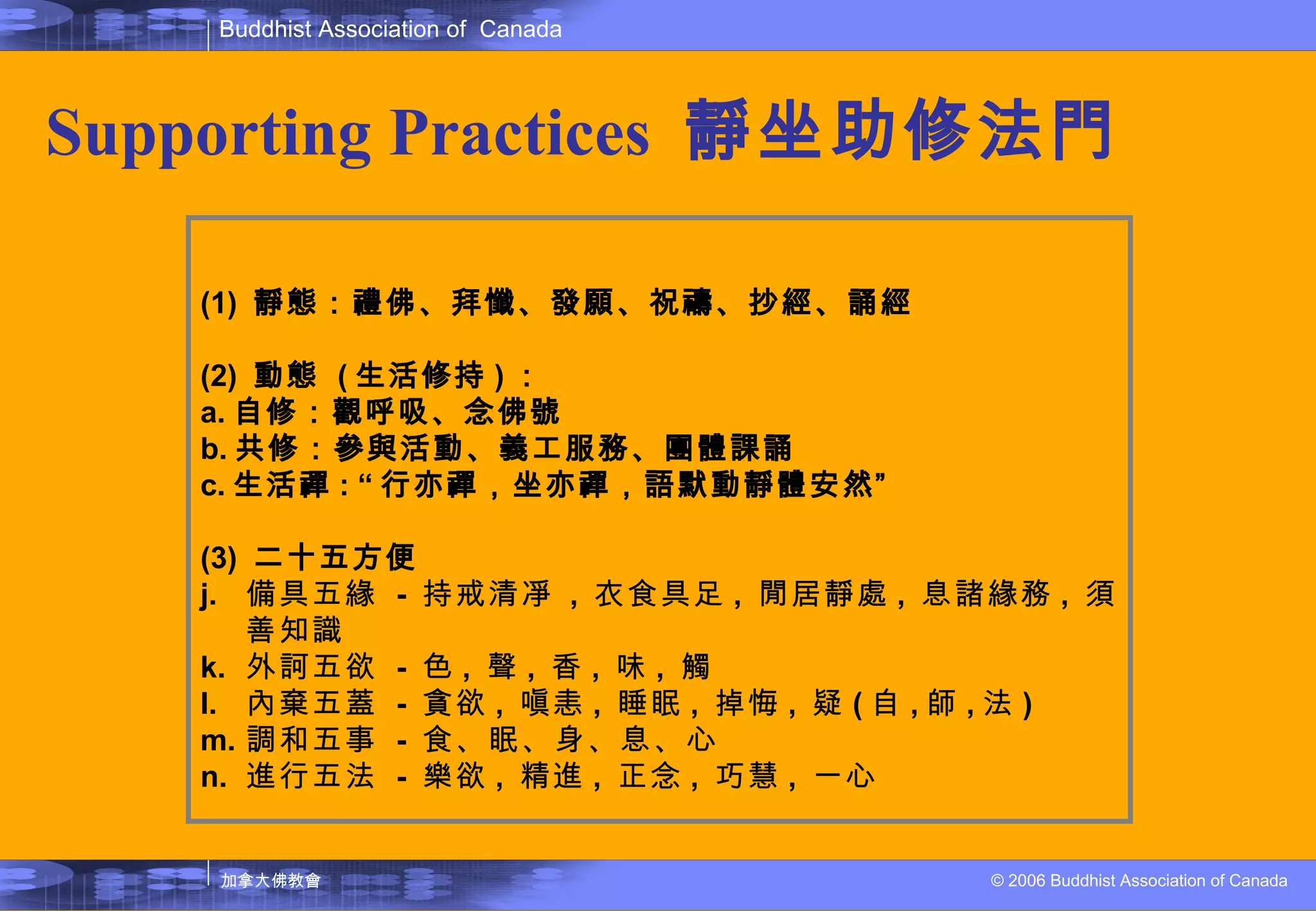 Supporting Practices  靜 坐助修法門 (1)  靜態：禮佛、拜懺、發願、祝禱、抄經、誦經 (2)  動態  ( 生活修持 ) ： a. 自修：觀呼吸、念佛號  b. 共修：參與活動、義工服務、團體課誦 c. 生活禪 : “ 行亦禪，坐亦禪，語默動靜體安然” (3)  二十五方便 備具五緣   -  持戒清凈  ,  衣食具足 ,  閒居靜處 ,  息諸緣務 ,  須善知識 外訶五欲   -  色 ,  聲 ,  香 ,  味 ,  觸 內棄五蓋   -  貪欲 ,  嗔恚 ,  睡眠 ,  掉悔 ,  疑 ( 自 , 師 , 法 )  調和五事   -  食、眠、身、息、心 進行五法   -  樂欲 ,  精進 ,  正念 ,  巧慧 ,  一心 