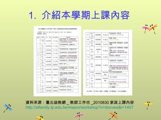 1.  介紹本學期上課內容  資料來源：臺北益教網 _ 教師工作坊 _2010830 家政上課內容  http:// etfamily.tp.edu.tw/miaoni/workshop?n = docvew&i =1407 