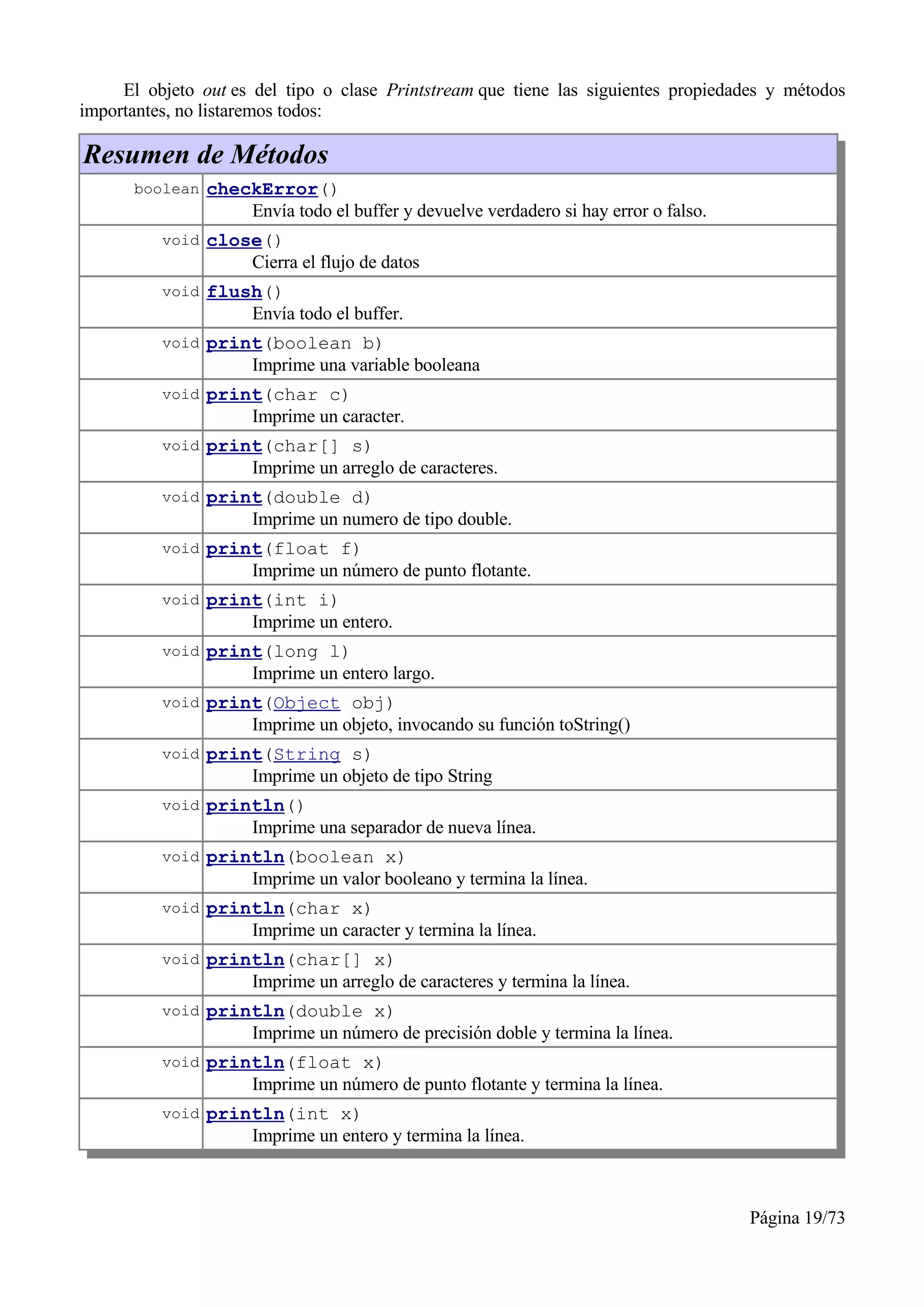 El objeto out es del tipo o clase Printstream que tiene las siguientes propiedades y métodos
importantes, no listaremos todos:

Resumen de Métodos
      boolean    checkError()
                     Envía todo el buffer y devuelve verdadero si hay error o falso.
          void   close()
                     Cierra el flujo de datos
          void   flush()
                     Envía todo el buffer.
          void   print(boolean b)
                     Imprime una variable booleana
          void   print(char c)
                     Imprime un caracter.
          void   print(char[] s)
                     Imprime un arreglo de caracteres.
          void   print(double d)
                     Imprime un numero de tipo double.
          void   print(float f)
                     Imprime un número de punto flotante.
          void   print(int i)
                     Imprime un entero.
          void   print(long l)
                     Imprime un entero largo.
          void   print(Object obj)
                     Imprime un objeto, invocando su función toString()
          void   print(String s)
                     Imprime un objeto de tipo String
          void   println()
                     Imprime una separador de nueva línea.
          void   println(boolean x)
                     Imprime un valor booleano y termina la línea.
          void   println(char x)
                     Imprime un caracter y termina la línea.
          void   println(char[] x)
                     Imprime un arreglo de caracteres y termina la línea.
          void   println(double x)
                     Imprime un número de precisión doble y termina la línea.
          void   println(float x)
                     Imprime un número de punto flotante y termina la línea.
          void   println(int x)
                     Imprime un entero y termina la línea.



                                                                                       Página 19/73
 