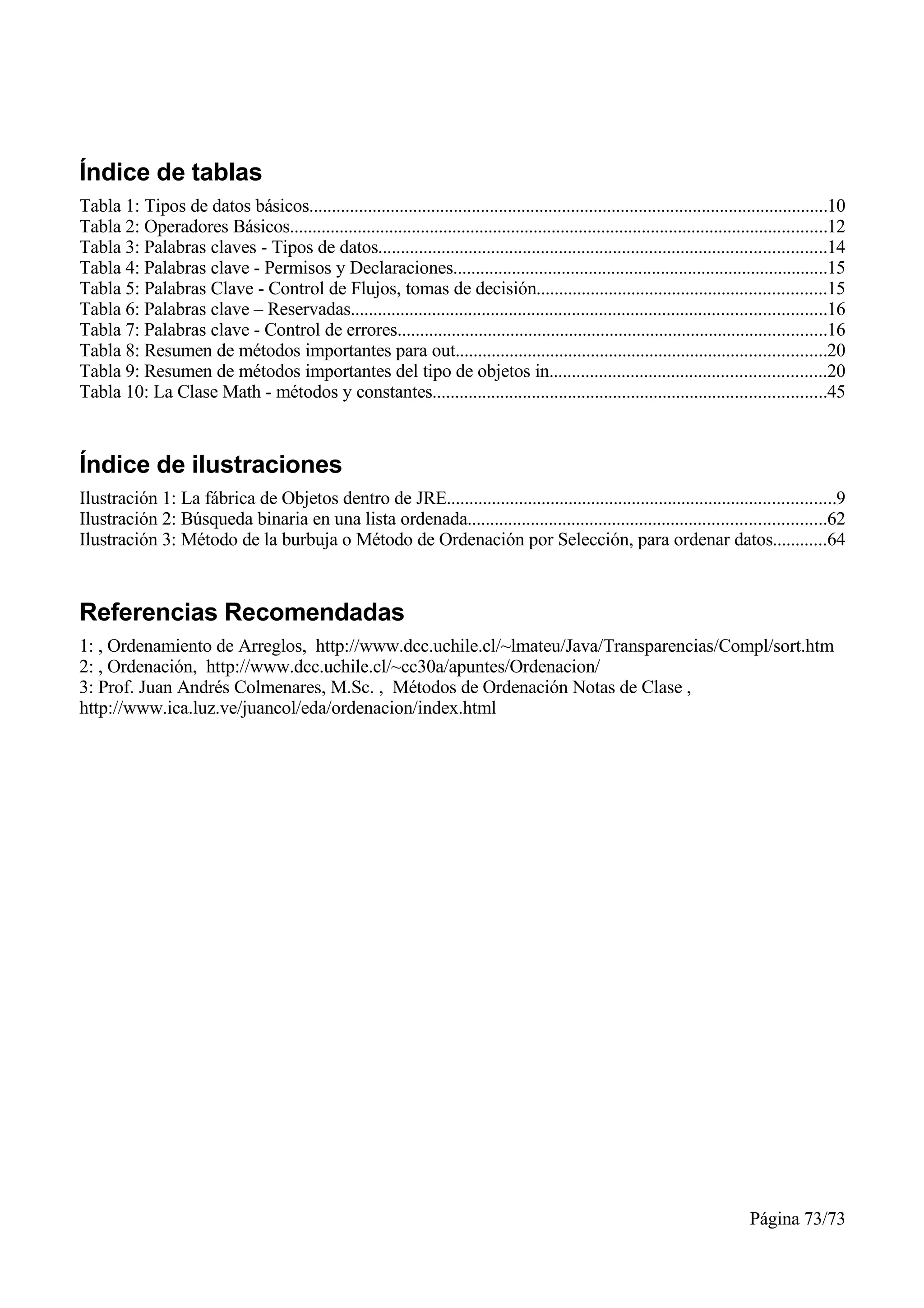 Índice de tablas
Tabla 1: Tipos de datos básicos...................................................................................................................10
Tabla 2: Operadores Básicos.......................................................................................................................12
Tabla 3: Palabras claves - Tipos de datos...................................................................................................14
Tabla 4: Palabras clave - Permisos y Declaraciones...................................................................................15
Tabla 5: Palabras Clave - Control de Flujos, tomas de decisión................................................................15
Tabla 6: Palabras clave – Reservadas.........................................................................................................16
Tabla 7: Palabras clave - Control de errores...............................................................................................16
Tabla 8: Resumen de métodos importantes para out..................................................................................20
Tabla 9: Resumen de métodos importantes del tipo de objetos in.............................................................20
Tabla 10: La Clase Math - métodos y constantes.......................................................................................45



Índice de ilustraciones
Ilustración 1: La fábrica de Objetos dentro de JRE......................................................................................9
Ilustración 2: Búsqueda binaria en una lista ordenada...............................................................................62
Ilustración 3: Método de la burbuja o Método de Ordenación por Selección, para ordenar datos............64



Referencias Recomendadas
1: , Ordenamiento de Arreglos, http://www.dcc.uchile.cl/~lmateu/Java/Transparencias/Compl/sort.htm
2: , Ordenación, http://www.dcc.uchile.cl/~cc30a/apuntes/Ordenacion/
3: Prof. Juan Andrés Colmenares, M.Sc. , Métodos de Ordenación Notas de Clase ,
http://www.ica.luz.ve/juancol/eda/ordenacion/index.html




                                                                                                                                 Página 73/73
 