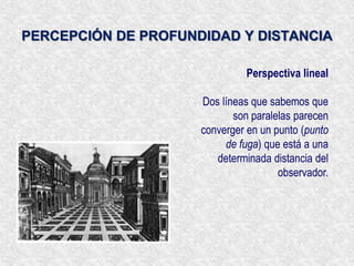 PERCEPCIÓN DE PROFUNDIDAD Y DISTANCIADisparidad retinianaCada uno de nuestros ojos proporciona una perspectiva ligeramente diferente del entorno visible.