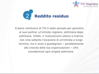 Il piano retributivo di TVI è stato pensato per garantire ai suoi partner un‘entrata regolare, settimana dopo settimana. Infatti, il rivoluzionario sitema a matrice non crea soltanto l‘occasione di un‘entrata a lungo termine, ma ti aiuta a guadagnare – parallelamente alla crescita della tua organizzazione – cifre considerevoli ogni singola settimana  Reddito residuo 2 