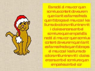 Es nadal al meu cor quan somrius content de veurem quan la nit es fa mes freda quan t'abraçes el meu cos I les llums de colors m'iluminen nit i dia les encens amb el somriure quan em parleEs nadal al meu cor quan somrius content de veurem quan la nit es fa mes freda quan t'abraçes el meu cos I les llums de colors m'iluminen nit i dia les encens amb el somriure quan em parles amb el cor    
