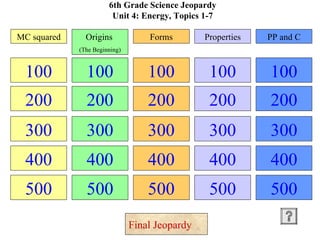6th Grade Science Jeopardy Unit 4: Energy, Topics 1-7 100 200 300 400 500 100 200 300 400 500 100 200 300 400 500 100 200 300 400 500 100 200 300 400 500 MC squared Origins   (The Beginning) Forms Properties PP and C Final Jeopardy 