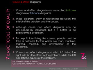 7 basic tools of qualityENGINEERING MANAGEMENTQUALITY IMPROVEMENT IN TECHNICAL CONCERNSCause & Effect DiagramsCause and effect diagrams are also called Ishikawa diagrams or fishbone diagrams. These diagrams show a relationship between the effect of the problem and the causes. Although cause and effect diagrams can be developed by individual, but it is better to be brainstormed by a team. To help in identifying the causes, people used to take 5 potential factors which are man, machine, material, method, and environment as the guidance.Cause and effect diagrams consist of 2 sides. The right side lists the effect or the problem, while the left side lists the causes of the problem.7QCSunday, May 09, 201014Fahad Mahmud Mirza