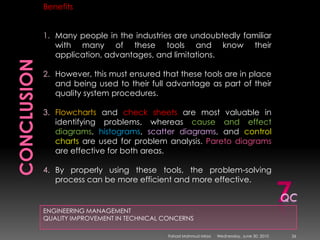 conclusionENGINEERING MANAGEMENTQUALITY IMPROVEMENT IN TECHNICAL CONCERNSBenefitsMany people in the industries are undoubtedly familiar with many of these tools and know their application, advantages, and limitations. However, this must ensured that these tools are in place and being used to their full advantage as part of their quality system procedures. Flowcharts and check sheets are most valuable in identifying problems, whereas cause and effect diagrams, histograms, scatter diagrams, and control charts are used for problem analysis. Pareto diagrams are effective for both areas. By properly using these tools, the problem-solving  process can be more efficient and more effective.7QCSunday, May 09, 201026Fahad Mahmud Mirza
