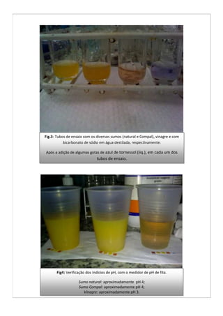Fig.3- Tubos de ensaio com os diversos sumos (natural e Compal), vinagre e com
           bicarbonato de sódio em água destilada, respectivamente.

Após a adição de algumas gotas de azul de tornessol (liq.), em cada um dos
                               tubos de ensaio.




       Fig4: Verificação dos indícios de pH, com o medidor de pH de fita.

                    Sumo natural: aproximadamente pH 4;
                    Sumo Compal: aproximadamente pH 4;
                      Vinagre: aproximadamente pH 3.
 