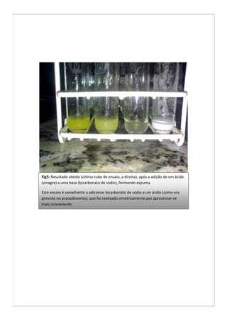 Fig5: Resultado obtido (ultimo tubo de ensaio, a direita), após a adição de um ácido
(vinagre) a uma base (bicarbonato de sódio), formando espuma.

Este ensaio é semelhante a adicionar bicarbonato de sódio a um ácido (como era
previsto no procedimento), que foi realizado simetricamente por apresentar-se
mais conveniente.
 