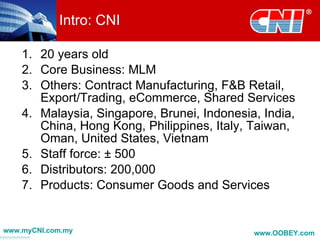 Intro: CNI

    1. 20 years old
    2. Core Business: MLM
    3. Others: Contract Manufacturing, F&B Retail,
       Export/Trading, eCommerce, Shared Services
    4. Malaysia, Singapore, Brunei, Indonesia, India,
       China, Hong Kong, Philippines, Italy, Taiwan,
       Oman, United States, Vietnam
    5. Staff force: ± 500
    6. Distributors: 200,000
    7. Products: Consumer Goods and Services


www.myCNI.com.my                             www.OOBEY.com
 