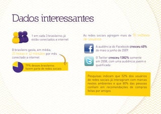 Dados interessantes
            1 em cada 3 brasileiros já    As redes sociais agregam mais de 55 milhões
            estão conectados a internet   de usuários

                                                  A audiência do Facebook cresceu 40%
O brasileiro gasta, em média,                     de maio a junho de 2009
23 horas e 12 minutos por mês
conectado a internet                              O Twitter cresceu 1382% somente
                                                  em 2008, com uma audiência jovem e
        79% desses brasileiros                    qualificada
        fazem parte de redes sociais

                                            pesquisas indicam que 52% dos usuários
                                            de redes sociais já interagiram com marcas
                                            nestes ambientes e que 80% das pessoas
                                            confiam em recomendações de compras
                                            feitas por amigos
 