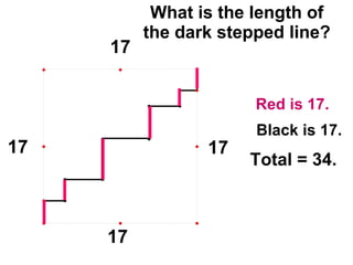 What is the length of the dark stepped line? Red is 17. Black is 17. Total = 34. 