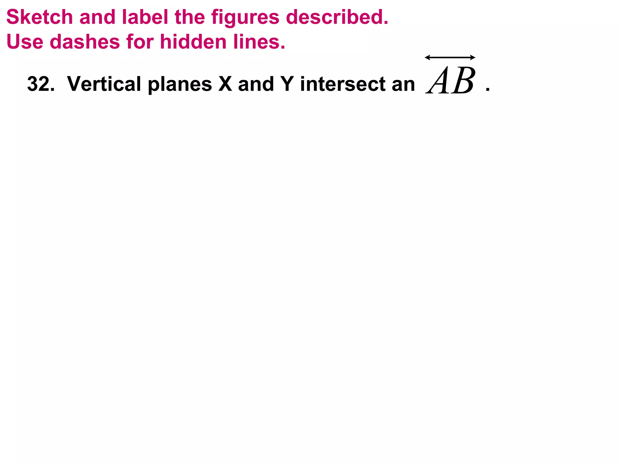 Sketch and label the figures described.  Use dashes for hidden lines. 32.  Vertical planes X and Y intersect an  . 