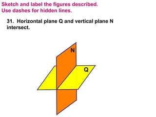 Sketch and label the figures described.  Use dashes for hidden lines. 31.  Horizontal plane Q and vertical plane N intersect. 