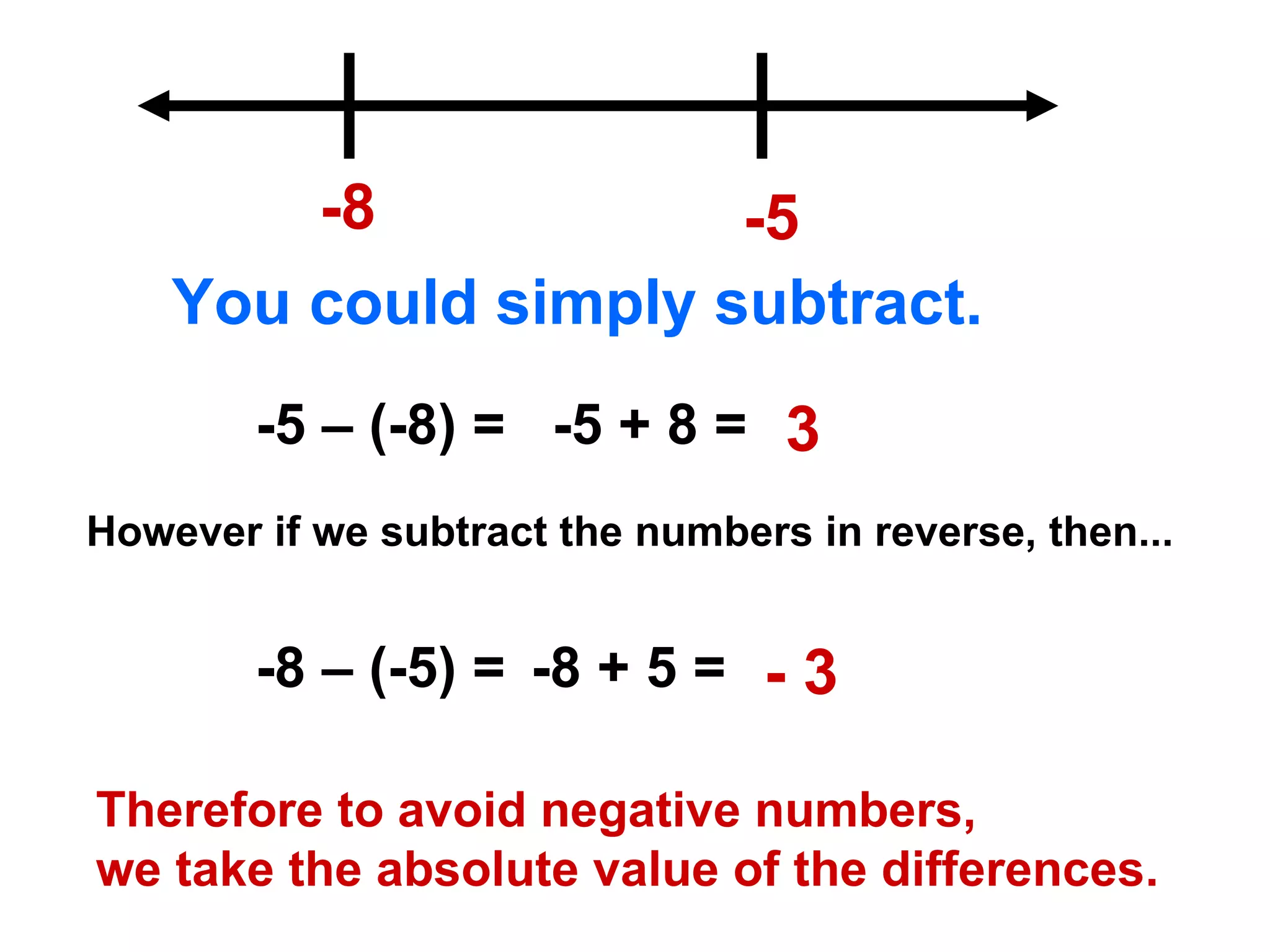-8 -5 You could simply subtract. -5 – (-8) = -5 + 8 = 3 However if we subtract the numbers in reverse, then... -8 – (-5) = -8 + 5 = - 3 Therefore to avoid negative numbers,  we take the absolute value of the differences. 
